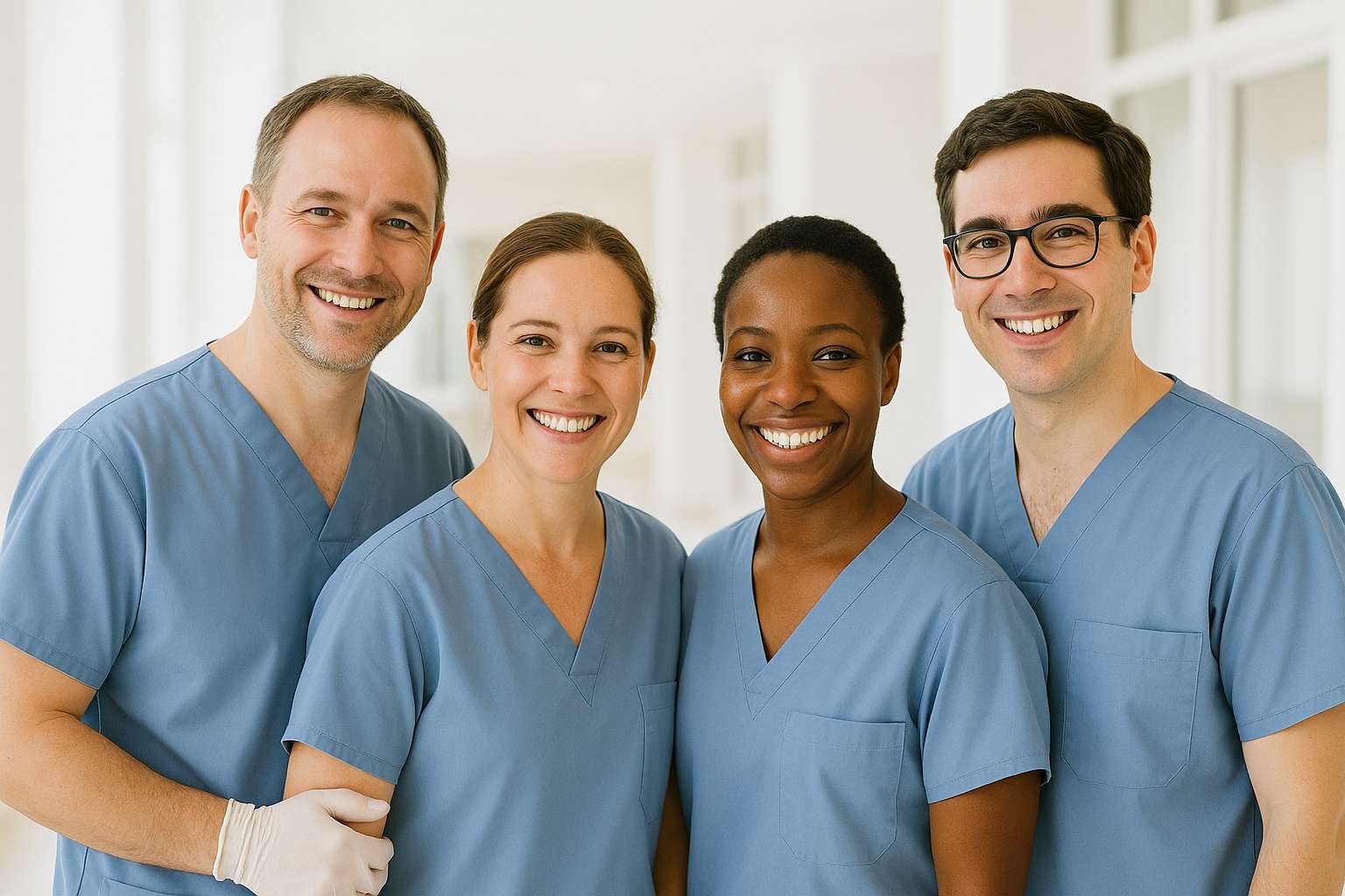 Illustration som visar fyra vårdpersoner. Personerna ser glada ut och tittar rakt in i kameran.
