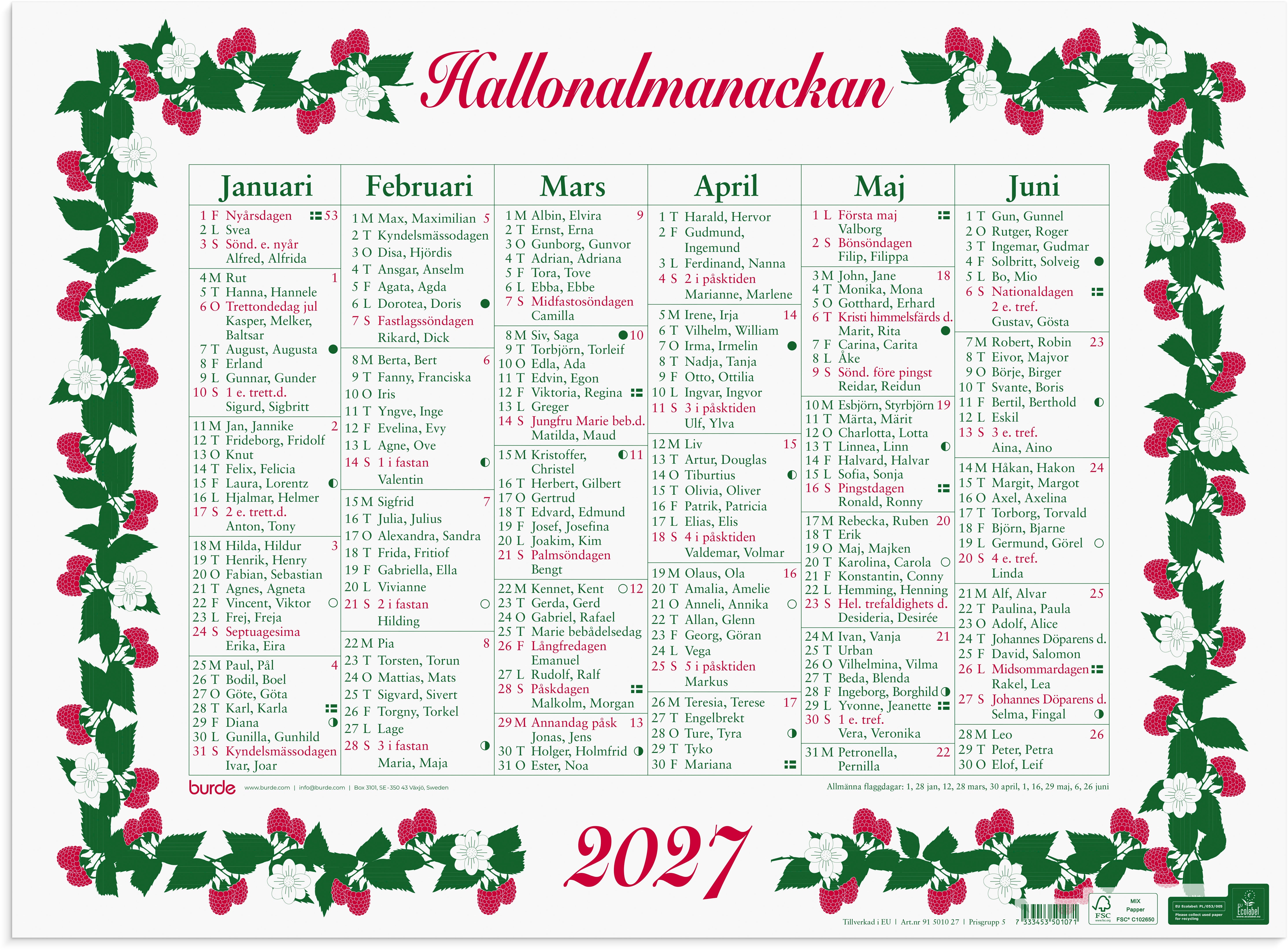 Produktbild - VF7009422 - Väggalmanacka stora hallon 2027 halvår per sida 490mmx36cm