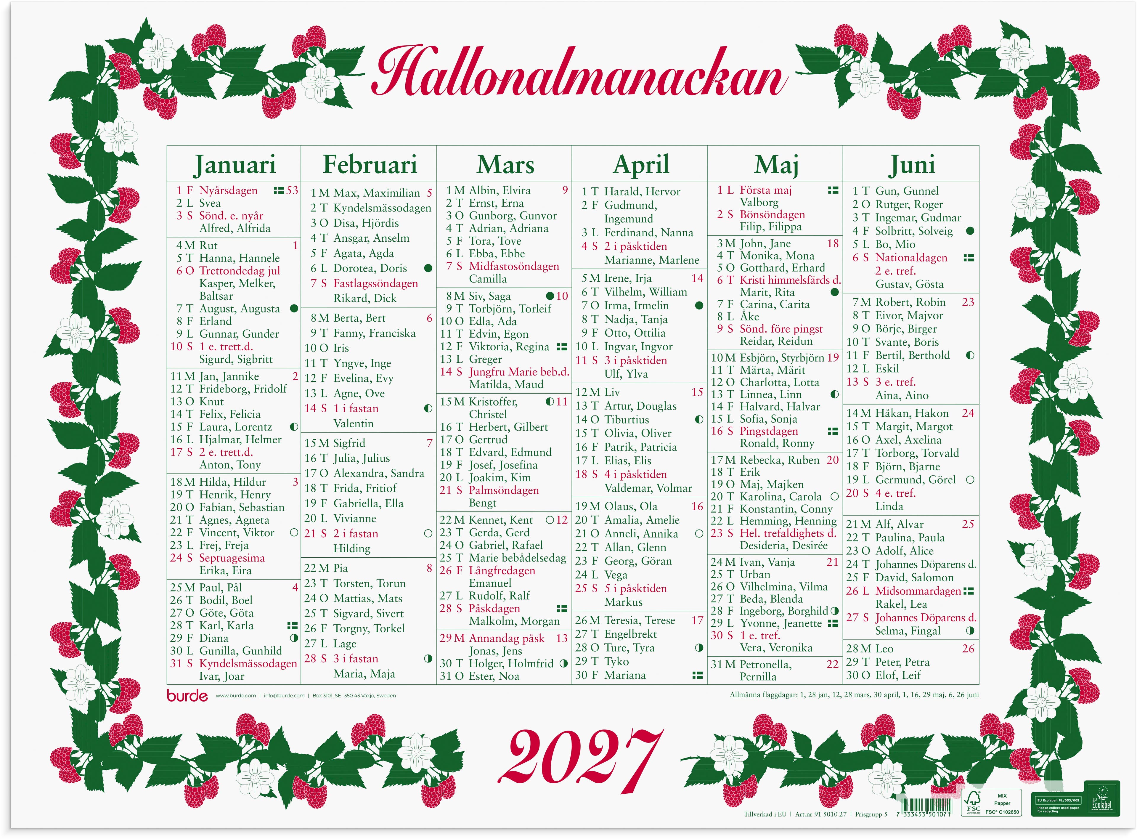 Produktbild - VF7009422 - Väggalmanacka stora hallon 2027 halvår per sida 490mmx36cm