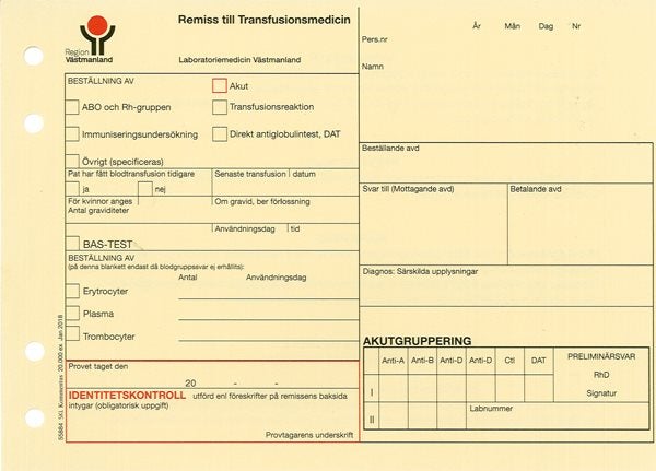 Produktbild - 55884 - Remiss till transfusionsmedicin Region Västmanland blodcentralen