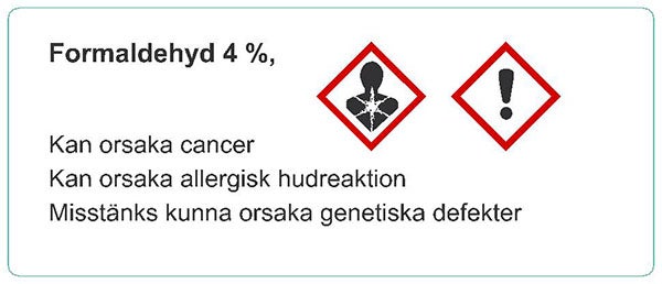 Produktbild - 62536 - Etikett Formaldehyd 4% med farosymbol permanent vellum TTR 50x120mm 250st/rulle