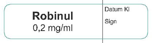 Produktbild - 62616 - Etikett Robinul 0,2mg/ml vit/svart 12x50mm 500st/rulle