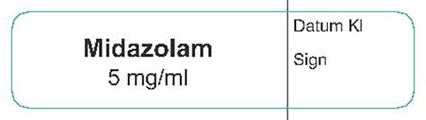 Produktbild - 62555 - Etikett Midazolam 5mg/ml vit/svart 12x50mm 500st/rulle