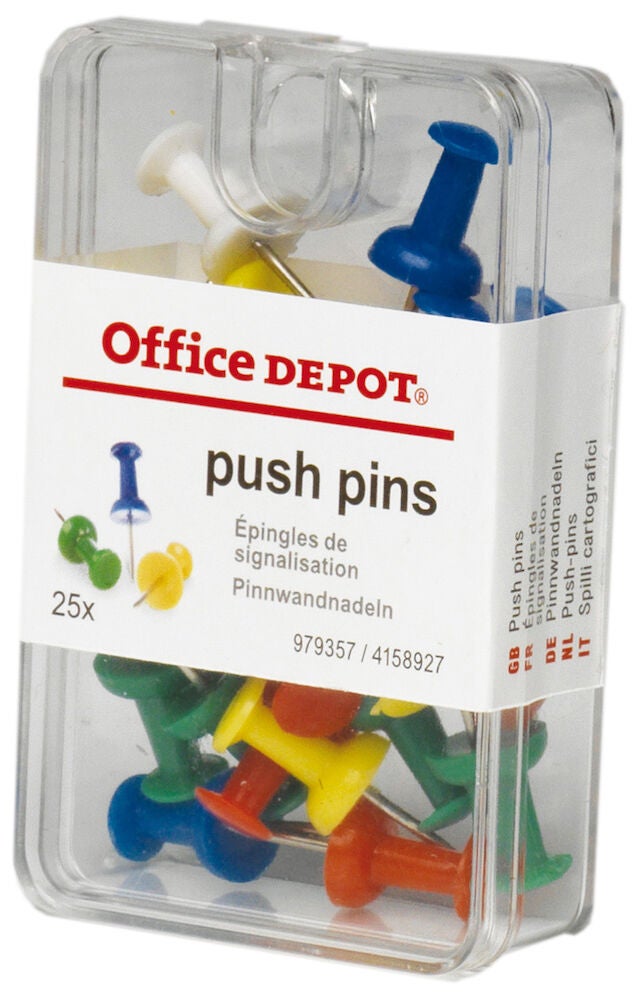 Produktbild - VF000183251 - Kartnålar Push-pin med stort huvud och kort skaft cylinderformade sorterade färger 25-pack