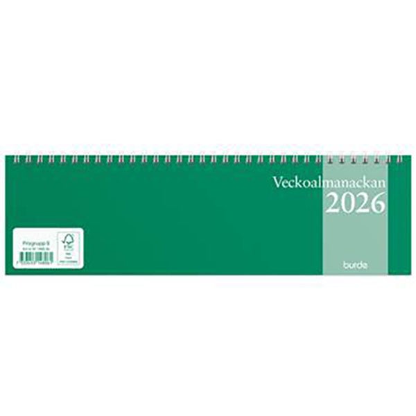 Produktbild - 65779 - Almanacka bordskalender 2026 1 vecka/uppslag timindelning kl 8-18 305x90mm