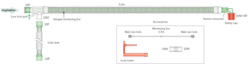 Produktbild 2 - 55490 - Narkos- och respiratorslang coaxial med integrerad samplingslang och förlängningsslang 0,7m 3,2