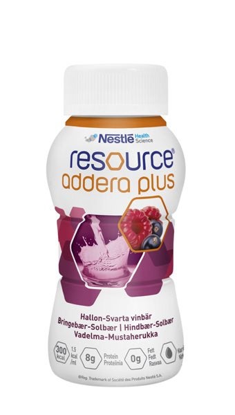 Produktbild - 57746 - Resource Addera Plus kosttillägg energirik och fettfri hallon och vinbär 150kcal/100ml 200ml