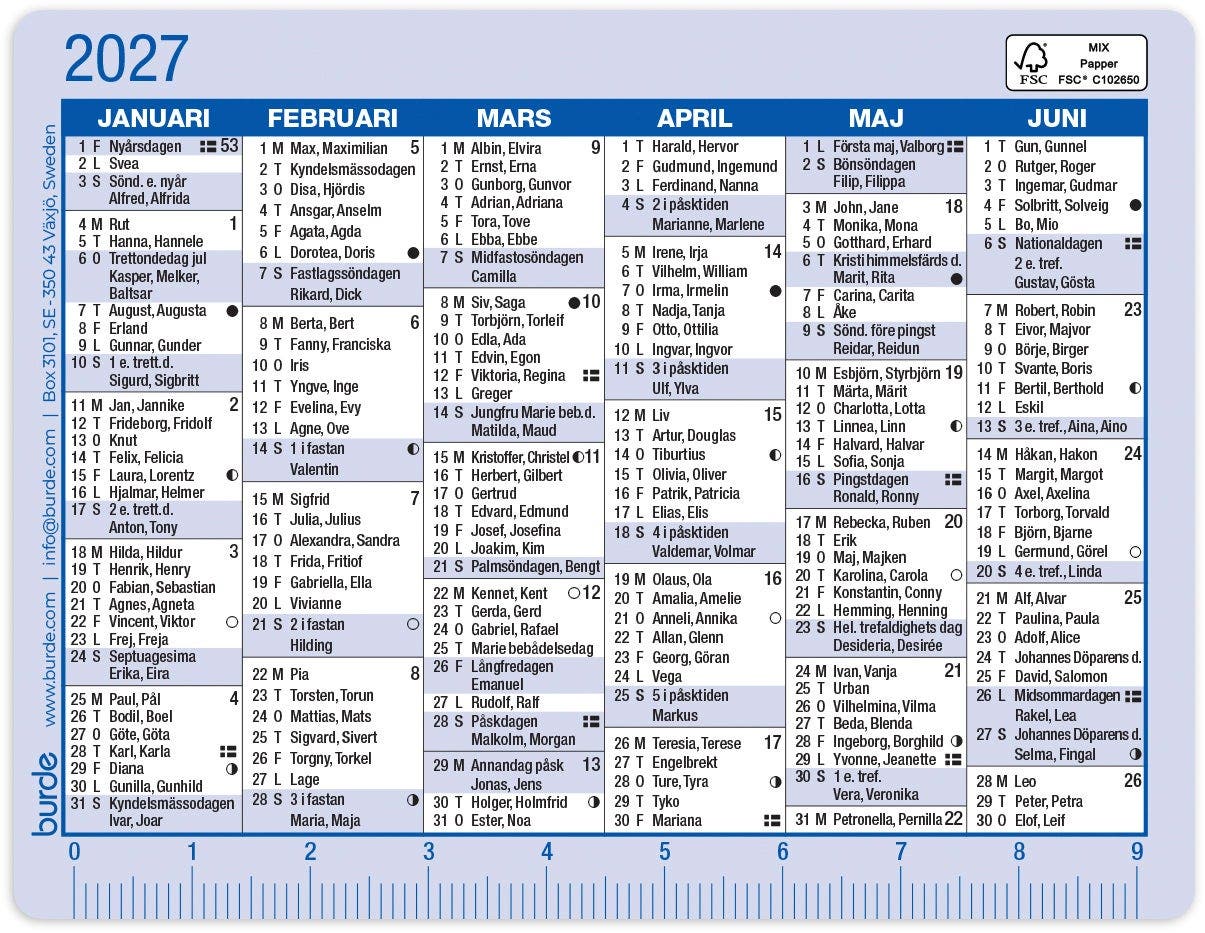 Produktbild - VF7009419 - Almanacka kalenderkort 2027 halvår/sida 100x77mm