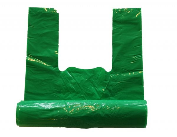 Produktbild - 57967 - Sopsäck plast förnybar grön med knythandtag 70L 410/140x1080mm 40my 10st/rulle