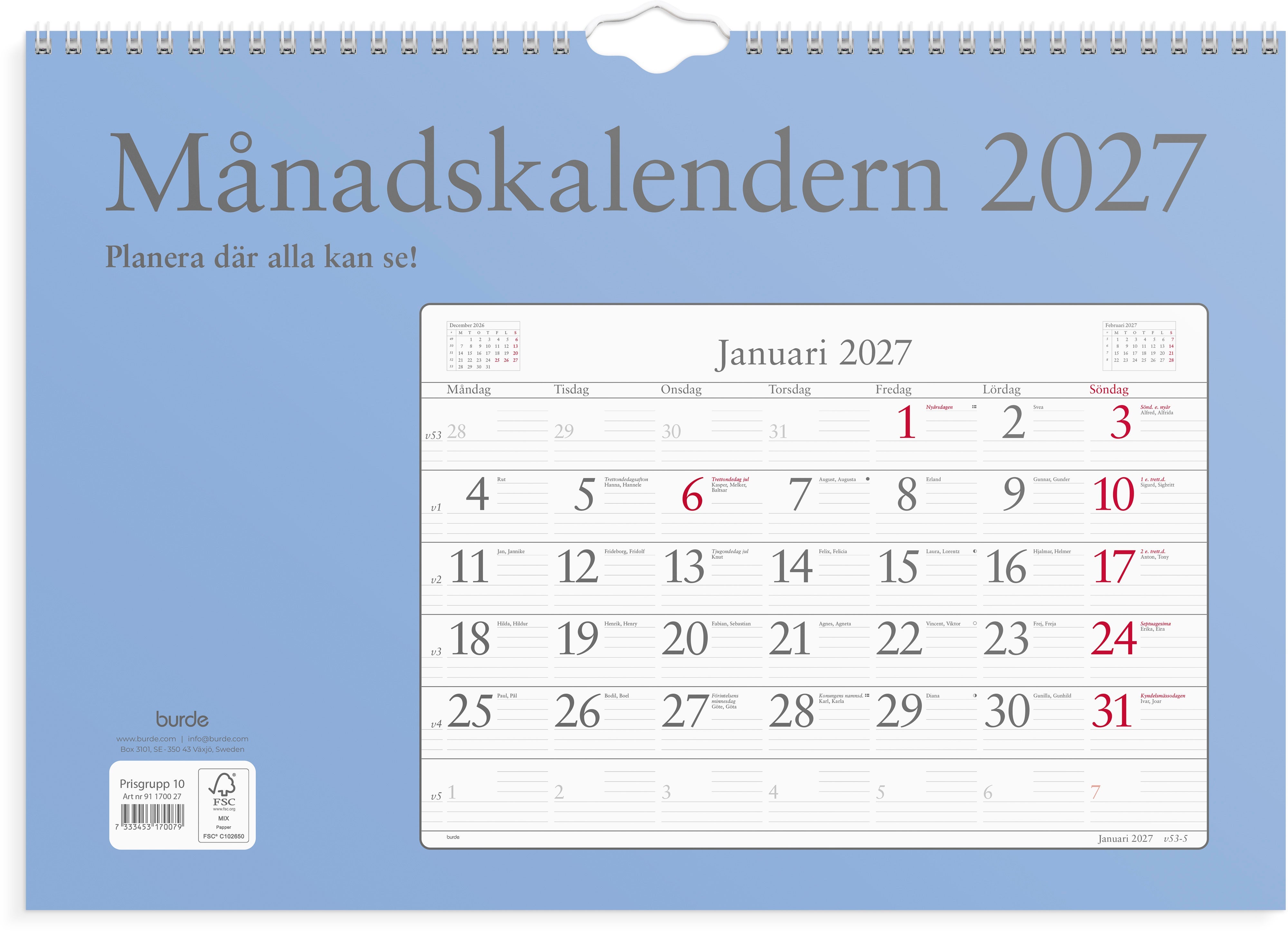 Produktbild - VF7009414 - Väggkalender 2027 1 månad/uppslag 430mmx30cm