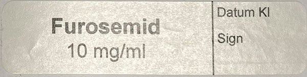Produktbild - 62615 - Etikett Furosemid 10mg/ml vit/svart 12x50mm 500st/rulle