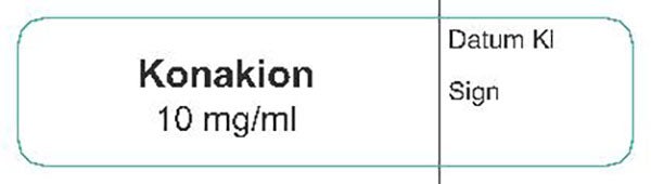 Produktbild - 62553 - Etikett Konakion 10mg/ml vit/svart 12x50mm 500st/rulle