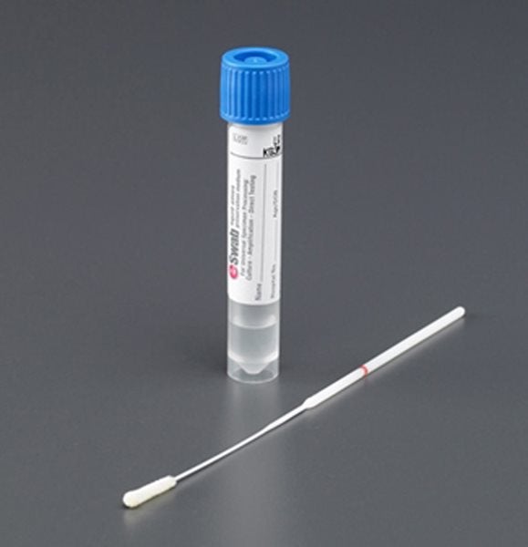 Produktbild - 54058 - Provtagningsset för nasofarynx med flytande medium i rör med platt botten och provtagningspinne med flockad topp