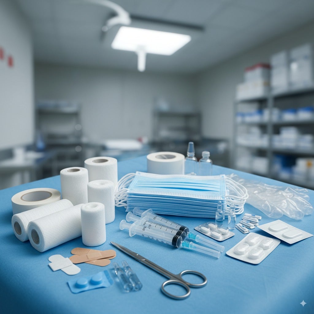 AI-genererad illustration från sjukhusmiljö med förbrukningsmaterial.