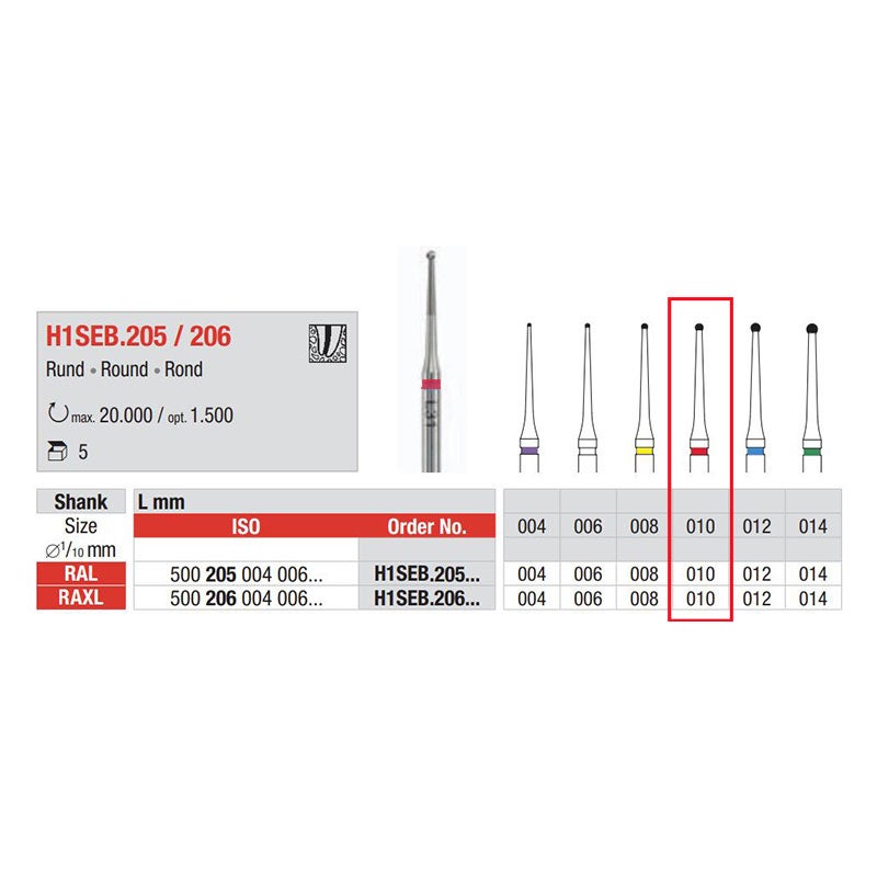 Produktbild 1 - H1SEB205010 - Endoborr rund lång hals för vinkelstycke röd diameter 010