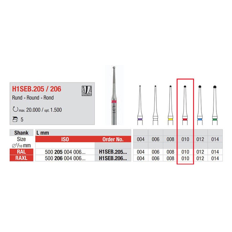 Produktbild 1 - H1SEB205010 - Endoborr rund lång hals för vinkelstycke röd diameter 010
