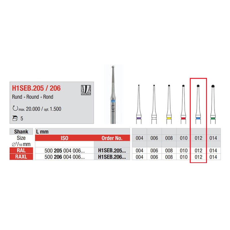 Produktbild 1 - H1SEB205012 - Endoborr rund lång hals för vinkelstycke blå diameter 012