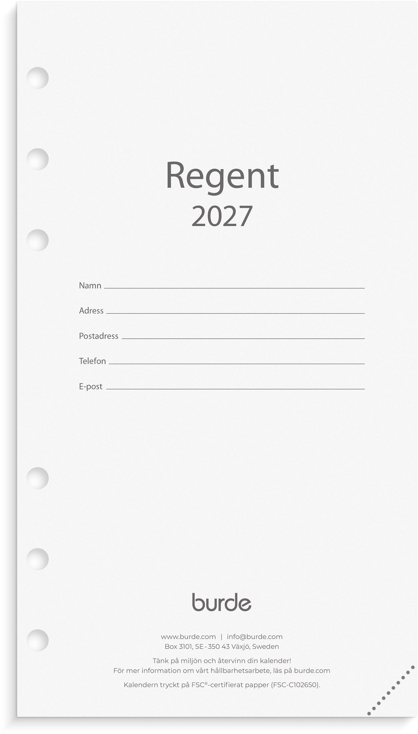 Produktbild - VF7009417 - Almanacka Regent refill 2027 1 vecka/uppslag timindelning kl 8-17 95x170mm