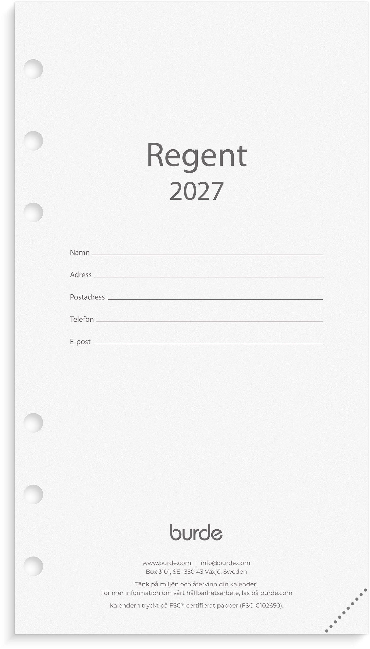 Produktbild - VF7009417 - Almanacka Regent refill 2027 1 vecka/uppslag timindelning kl 8-17 95x170mm