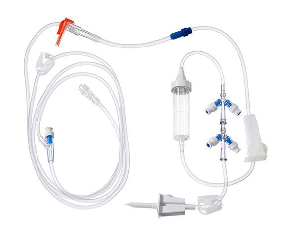 Produktbild - 47086 - Infusionsaggregat 4-vägs med injektionsmembran för säker blandning och beredning för cytostatikapump till Alaris GP