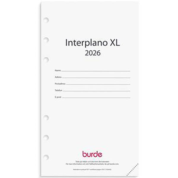 Produktbild - 65784 - Almanacka Interplano refill 2026 1 vecka/uppslag timindelning kl 8-19 95x170mm