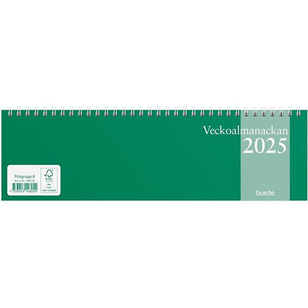 Produktbild - 64898 - Bords- och väggalmanacka 2025 spiralbunden 1 vecka/uppslag timindelad kl 8-18 305x90mm