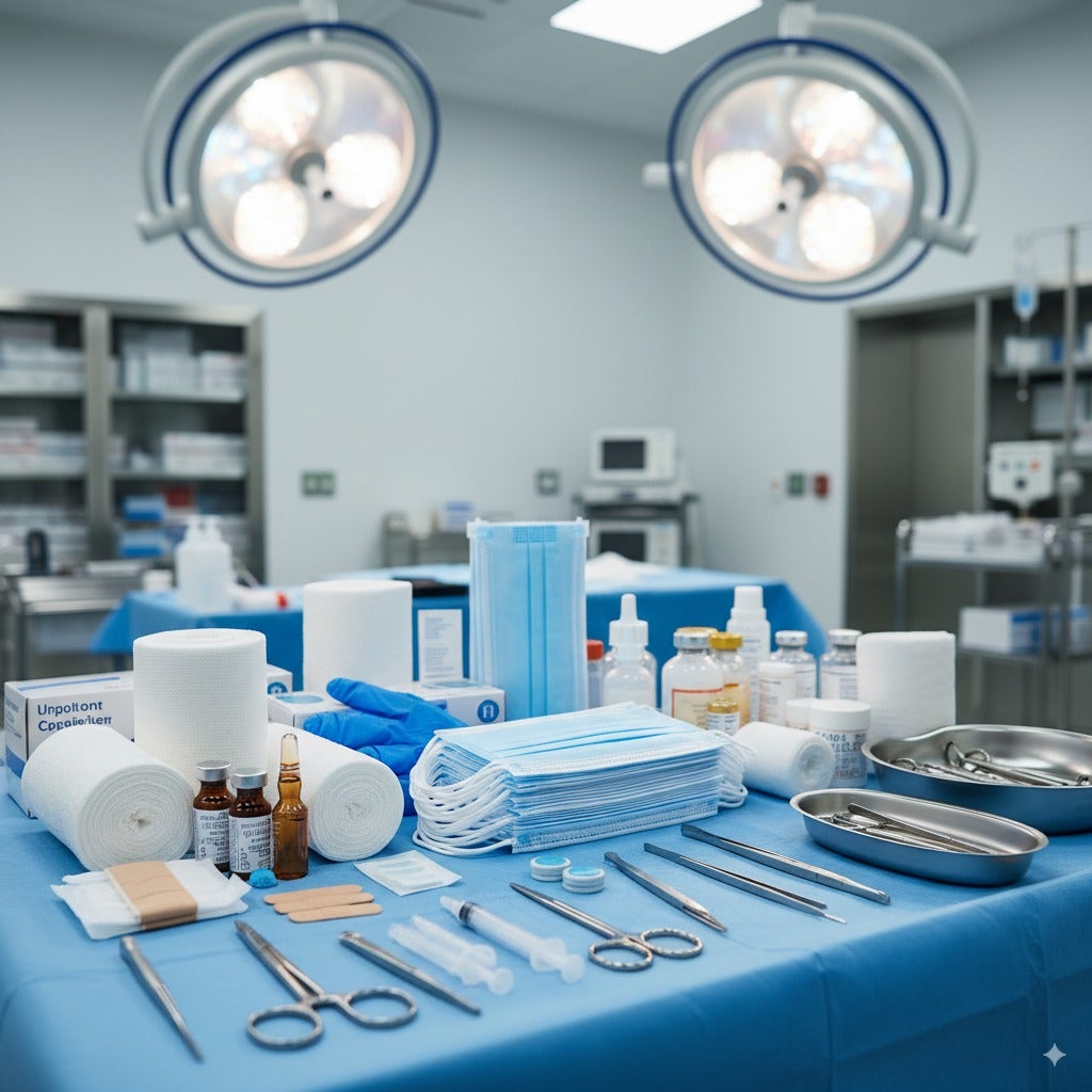 AI-genererad illustration från sjukhusmiljö med förbrukningsmaterial. 