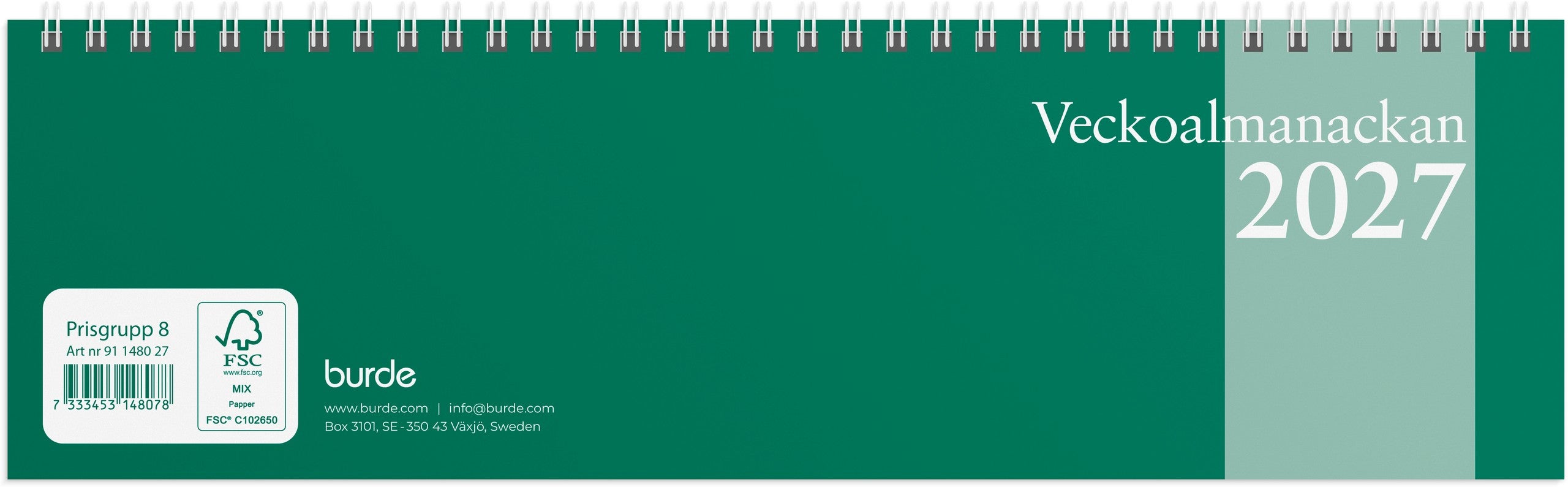 Produktbild - VF7009426 - Almanacka bordskalender 2027 1 vecka/uppslag timindelning kl 8-18 305x90mm
