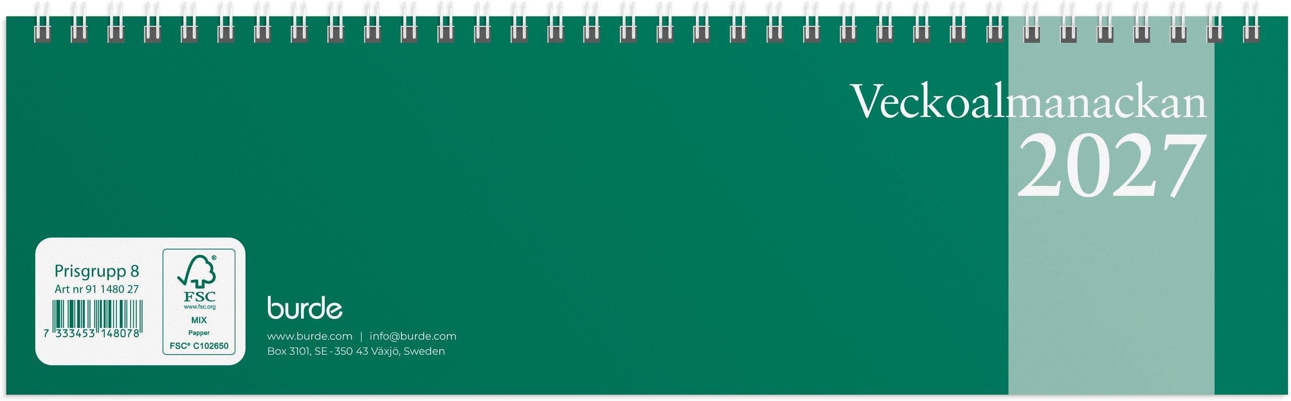 Produktbild - VF7009426 - Almanacka bordskalender 2027 1 vecka/uppslag timindelning kl 8-18 305x90mm