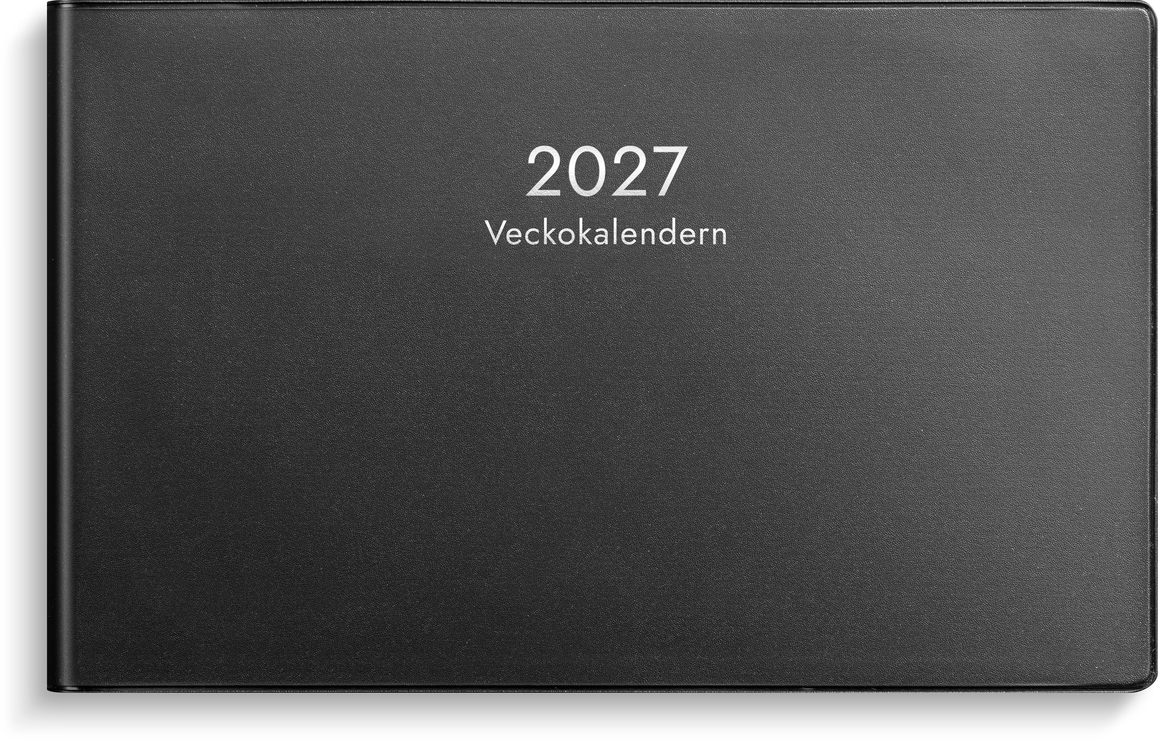 Produktbild - VF7009407 - Almanacka veckokalender 2027 inbunden 1 vecka/uppslag timindelad kl 8-17 plast 148x90mm