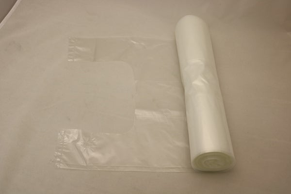 Produktbild - 58676 - Sopsäck plast återvunnen transparent med knythandtag 70L 350/250x1080x0,04mm 25st/rulle