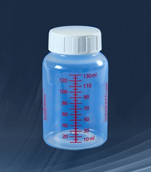 Produktbild - 83820 - DI-FLASKA PL 130ML GRAD M LOCK FLG U NAPP F PASTÖRISERINGSMASKIN