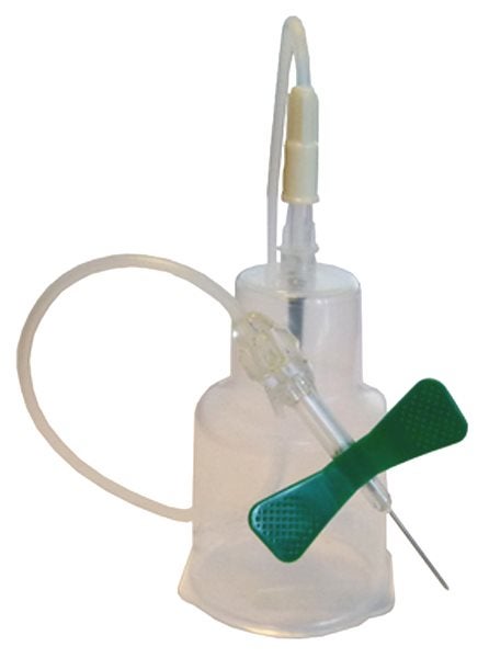 Produktbild - 54770 - Venprovtagningsset med vingkanyl och slang med hätta för blododlingsflaska Bact/ALERT grön 0,8mmx30cm