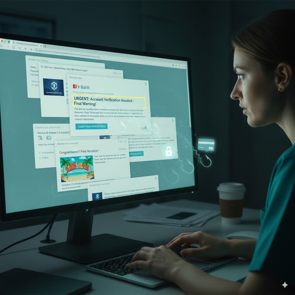 AI-genererad illustration som visar en vårdperson som sitter framför en datorskärm.