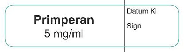 Produktbild - 62563 - Etikett Primperan 5mg/ml vit/svart 12x50mm 500st/rulle