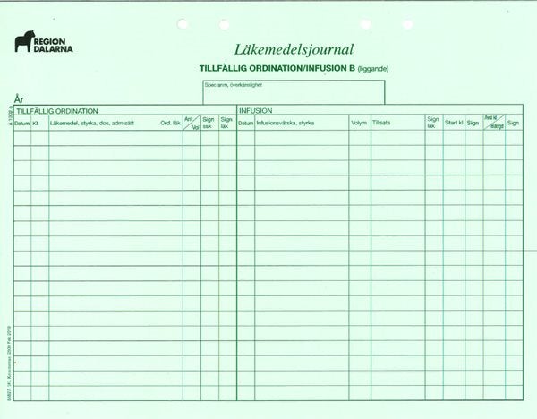 Produktbild - 55827 - Journal för tillfällig läkemedelsordination och infusion Region Dalarna 1-blad liggande
