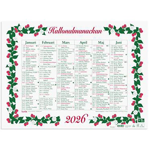 Produktbild - 65785 - Väggalmanacka stora hallon 2026 halvår per sida 490mmx36cm