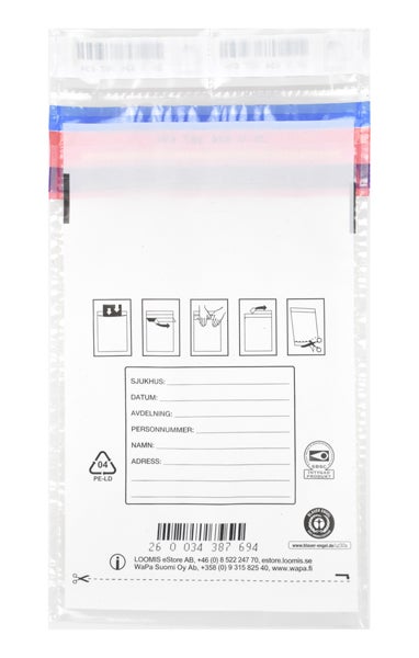 Produktbild - 60904 - Värdepåse för patient transparent plast med tryck paginerad 15x290mm