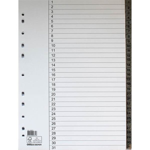 Produktbild - 84227 - Register till pärm papper med numererade flikar 1-31 vit med grå plastflikar A4