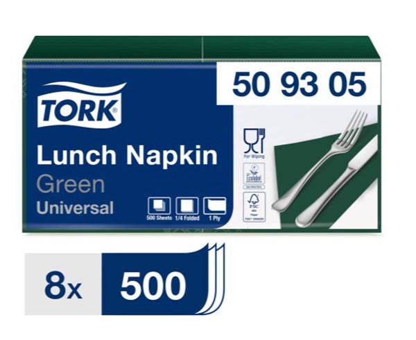 Produktbild - 64444 - Servett 1-lager vikt 4-vikt till dispenser mörkgrön 33x33cm