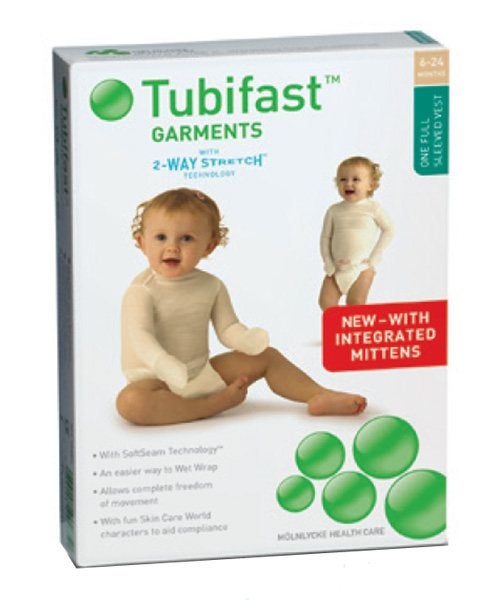 Produktbild - 50987 - Tröja för skydd och fixering med lång ärm och vantar 6-24 månader