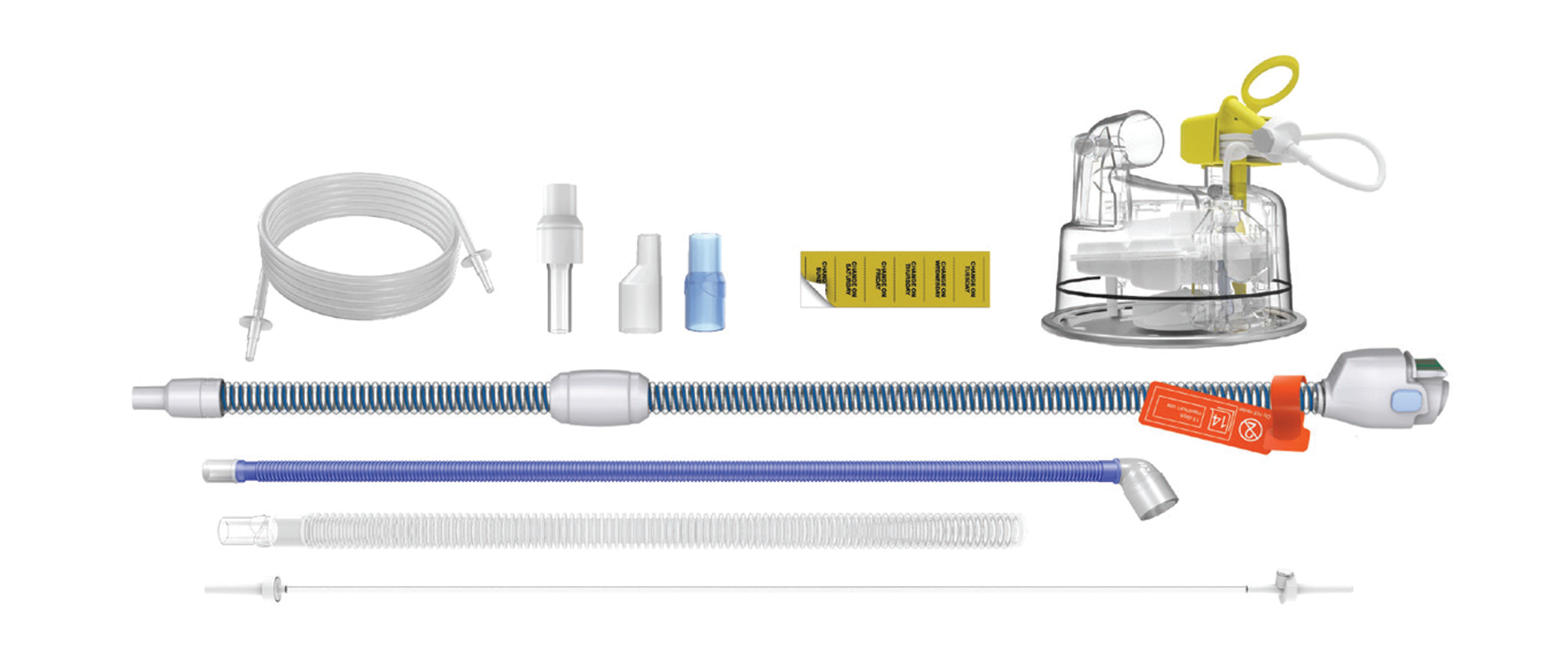 Produktbild - VF000132274 - NIV-slangset neonatal med AirSpiral- och Thermadapt-teknologi, befuktningskammare, trycklina och adaptrar, till F&P 95050