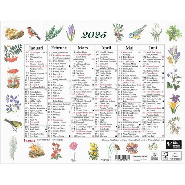 Produktbild - 64965 - Väggalmanacka Lilla Naturalmanackan 2025 6 månader per sida 245x190mm