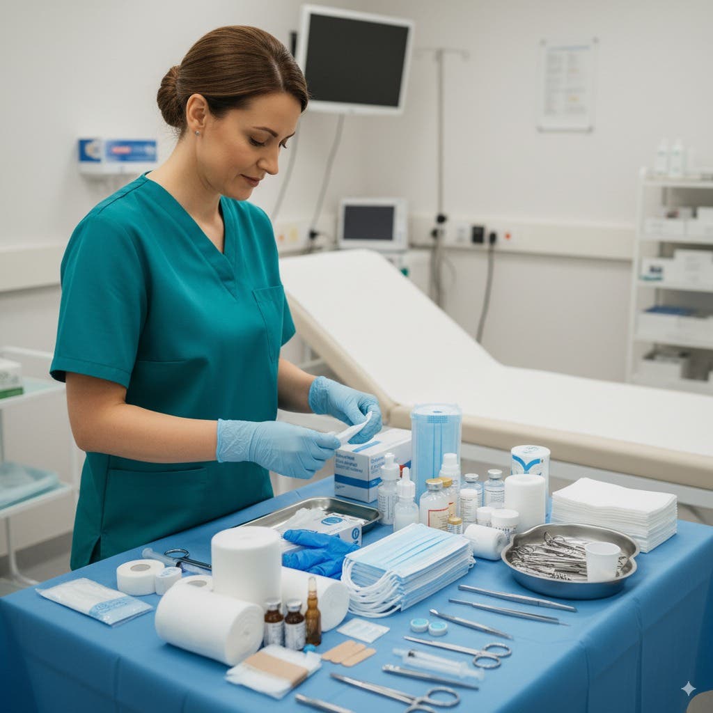 AI-genererad illustration från sjukhusmiljö. Visar vårdperson och förbrukningsmaterial.