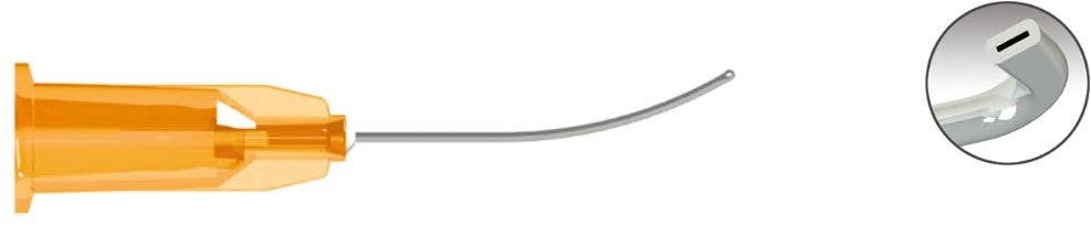 Produktbild - VF000108746 - Visco-expressionskanyl engångs U-böjd med platt spets 25Gx7/8ft' 10-pack