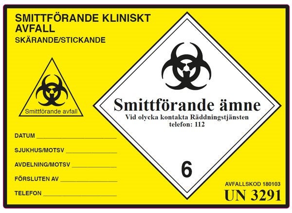 Produktbild - 58001 - Etikett för skärande och stickande avfall UN3291 ej Uppsala gul/svart 150x200mm 100st/rulle