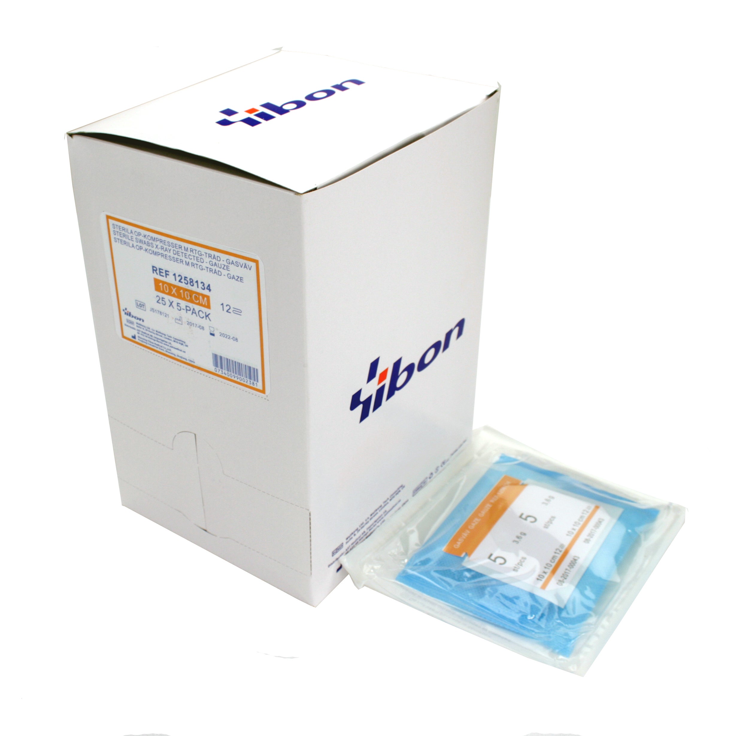 Produktbild - 65936 - Operationskompress med röntgentråd 12-lager gasväv 10x10cm 5-pack