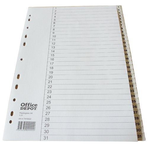 Produktbild - 40828 - Register till pärm plast med numererade flikar 1-31 vit med vita flikar A4