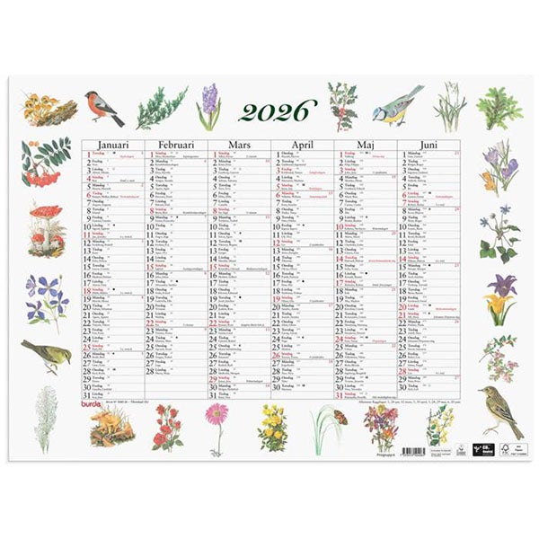 Produktbild - 65767 - Väggalmanacka stora natur 2026 halvår per sida 490mmx36cm