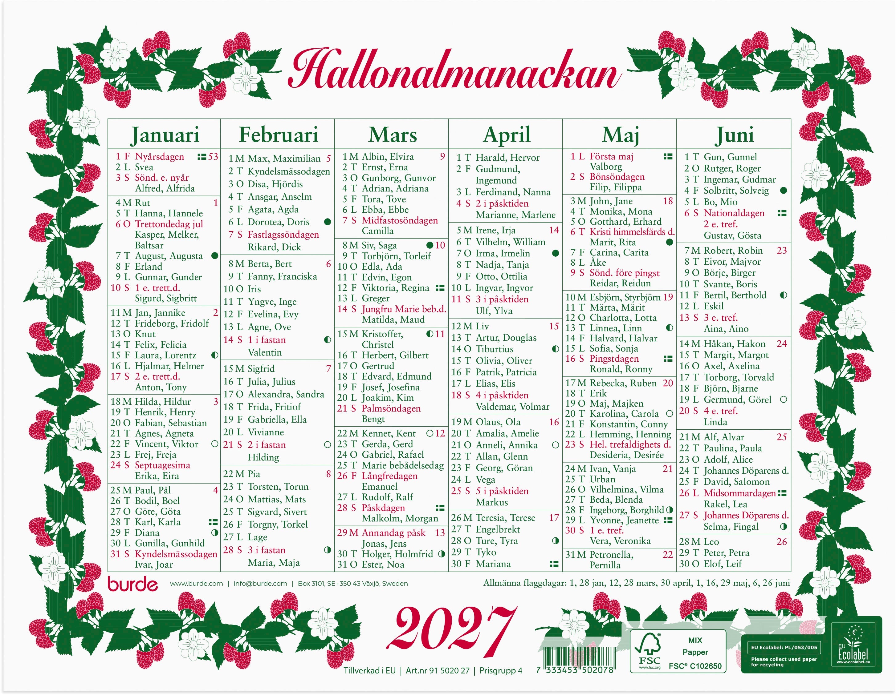 Produktbild - VF7009431 - Väggalmanacka lilla hallon 2027 halvår per sida 245x190mm